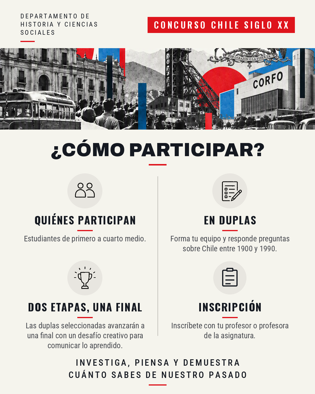 Información para participar en el concurso Chile siglo XX: estudiantes de primero a cuarto medio, en duplas, con dos etapas y una final; inscripción con el profesor o profesora de la asignatura